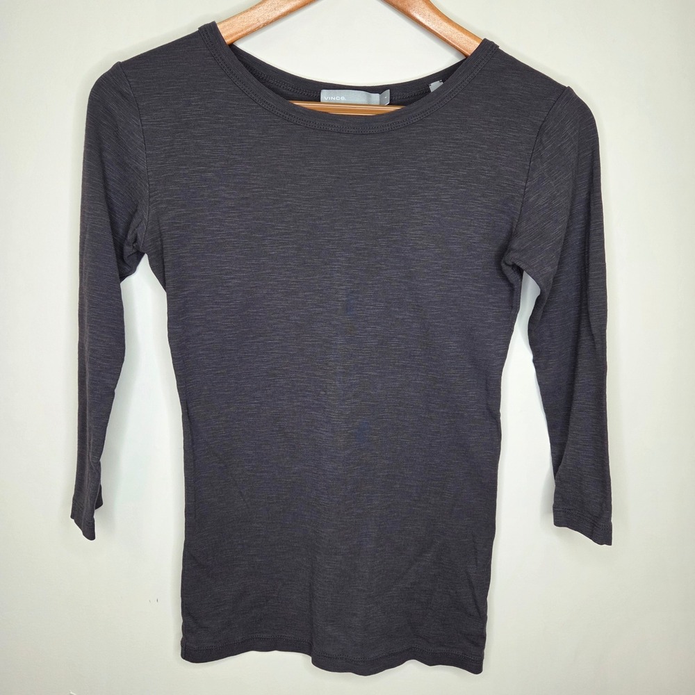 Vince Women Dark Charcoal Grey Slub Jersey 3/4 Sleeve Scoop Neck‎ Tee Small